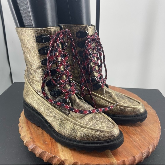 Free People Fallon Hiker Boot Metallic Gold Leather Lace-Up Womens Boot 37 6-6.5 - Picture 1 of 9